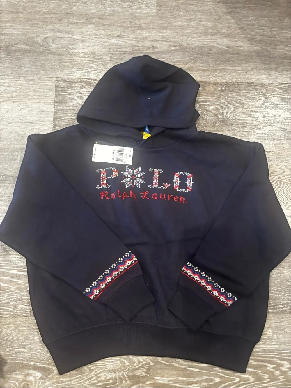 Ralph Lauren Navy Hoodie with Fair Isle Trim and Embroidered Logo